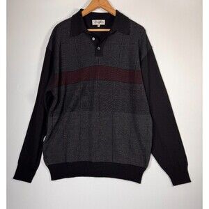 Vintage Modango Sweater Mens XL Black Gray Merino Wool Blend Long Sleeve‎ Polo